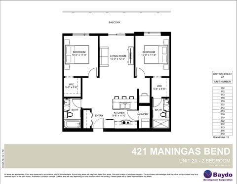 Floor plan for 2 beds, 2 baths, 884 sqft